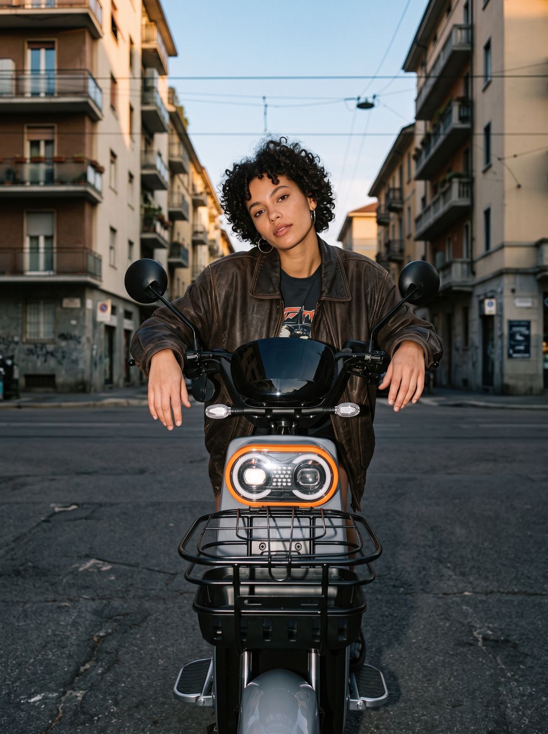 Mulher em moto elétrica na cidade