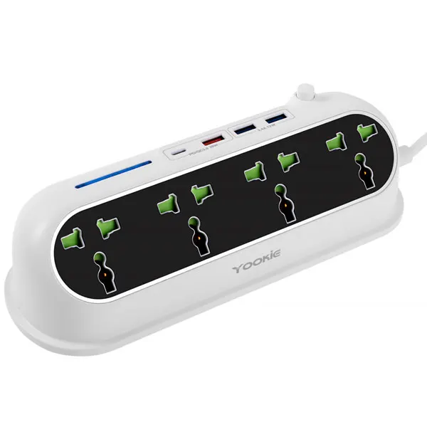 Filtro de Energia Yookie EB02 com 3 USB/USB-C/ 4 Tomadas Universais - Branco/Preto
