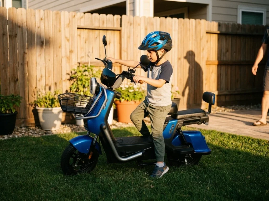Criança andando em moto elétrica infantil em ambiente fechado e seguro