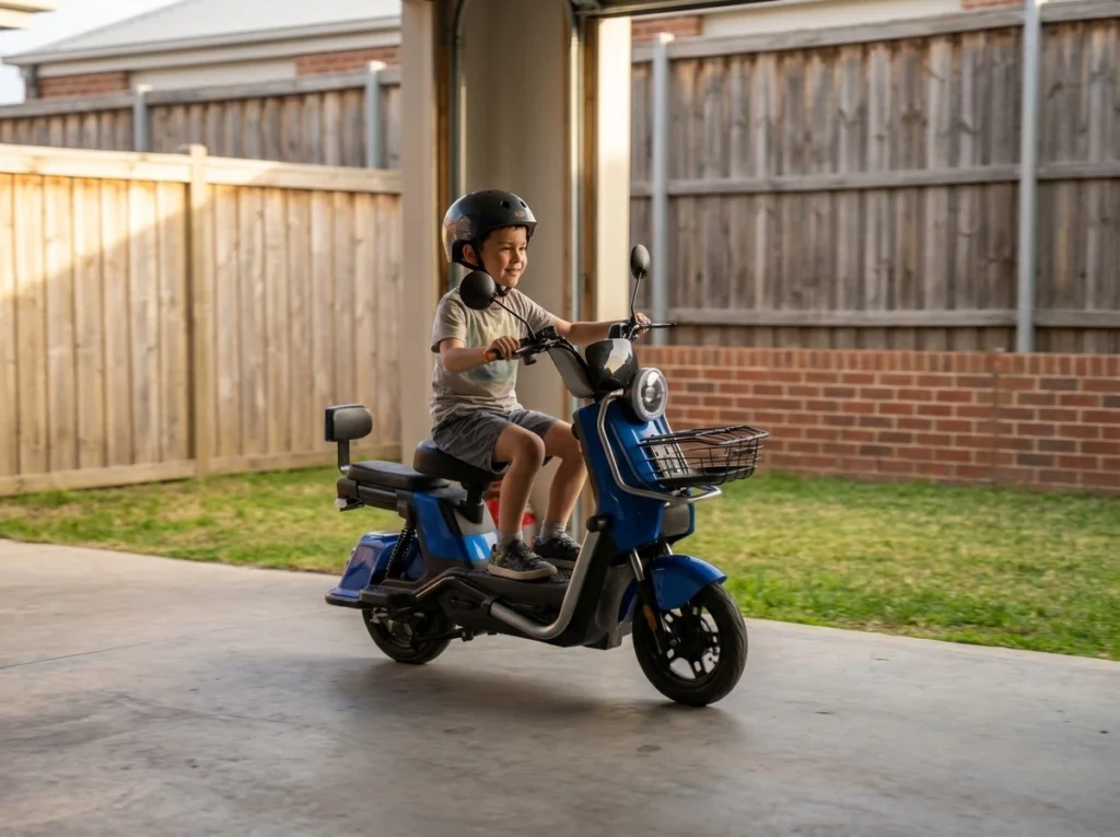 Criança usando capacete ao lado da moto elétrica infantil